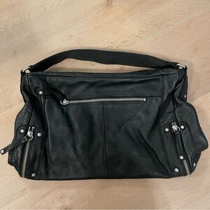 SISLEY Black Leather Women’s Shoulder Bag with Silver Zipper Detail